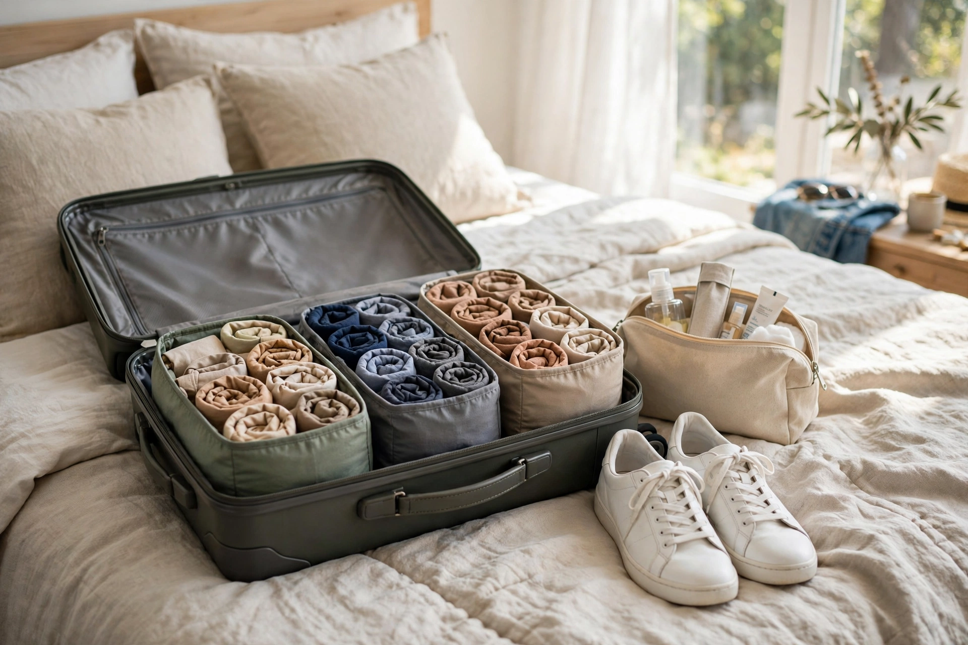 An open carry-on suitcase packed with rolled clothes in packing cubes, a toiletry pouch, and white sneakers on a bed
